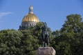 Bronze Horseman equestrian statue of Peter the Great on Thunder Stone. St. Isaac`s Cathedral