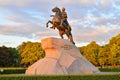 The bronze horseman monument lit by the setting sun in Saint-Petersburg Royalty Free Stock Photo