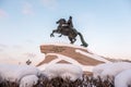 Bronze Horseman Monument to Peter the Great on the Senate Square in St. Petersburg in winter Royalty Free Stock Photo