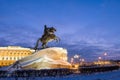 Bronze Horseman Monument to Peter the Great on the Senate Square in St. Petersburg in winter Royalty Free Stock Photo