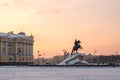 Bronze Horseman Monument to Peter the Great on the Senate Square in St. Petersburg in winter Royalty Free Stock Photo