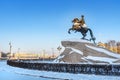 Bronze Horseman on Senate square in winter. Saint Petersburg. Russia