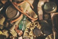 Bronze jewelry, old money, retro manometer, magnifier, glass bottle, silverware. Vintage
