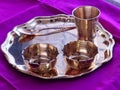 selective focus view of Bronze, Kansa utensil set designed for Babies Royalty Free Stock Photo