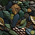 Bronze leaf iridescence in folk art-inspired illustrations with bold contrast (tiled)