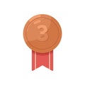 Bronze medal award for third place. 3rd prize-winners reward with number 3 three. Metal badge with ribbon. Realistic