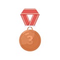 Bronze medal, third place award. 3rd prize-winners reward. Metal badge with number three 3 and ribbon mesh. Shiny