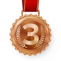 Bronze Medal Vector. Bronze, Copper 3rd Place Badge. Sport Game Bronze Challenge Award. Red Ribbon. Isolated. Olive