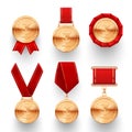Bronze medals in different versions realistic set. Third place finisher metal awards