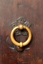 Bronze metal antique vintage door knock or knocker on an old wood door