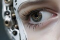 Bronze metal mechanical eye. Futuristic artificial lens, close up.