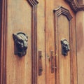Bronze Panthers head on wooden door, old fashioned house decor Royalty Free Stock Photo