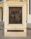 Bronze relief of Jane & John Justin by Dan D. Brook in the Founder`s Plaza of Texas Christian University in Fort Worth.