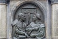 Bronze Relief of Luther at a dispute with Johannes Eck in Leipzig 1519. Statue in Eisleben, his birth and death place, Germany.