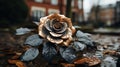 a bronze rose sits on the ground in front of a building Royalty Free Stock Photo