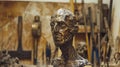 Bronze sculpture against the background of the sculptor tools Royalty Free Stock Photo