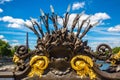 Bronze sculpture on the Bridge Pont Alexandre III and Eiffel Tower in the behind in Paris, France Royalty Free Stock Photo