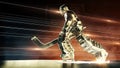 Bronze sculpture of ice hockey goalie in action pose with dramatic light dust particles in the air and fire rays. hockey Royalty Free Stock Photo