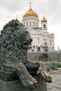 The bronze sculpture of a lion is a part of the monument to Russian Tsar Alexander II, located near the Cathedral of Christ the Sa Royalty Free Stock Photo