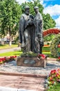Russia, Yaroslavl, July 2020. Bronze sculpture of a happy couple in a city park.