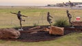 Bronze sculpture titled `Share the Dream` by sculptor Dennis Smith at the Founder`s Plaza Observation Area at DFW Airport. Royalty Free Stock Photo