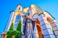 The bronze sculpture of Virgin Mary at Holy Pokrovsky Bishop`s Cathedral in Zaporizhzhia, Ukraine