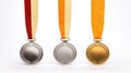 Bronze, silver and gold medal isolated on white created with Generative AI