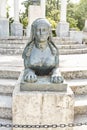 Bronze sphinx statue in El Capricho park, located in front of the exedra in Madrid in the 18th century