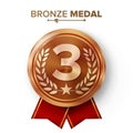 Bronze 3st Place Medal Vector. Metal Realistic Badge With Third Placement Achievement. Round Label With Red Ribbon, Laurel Wreath,