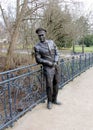 Bronze statue of Elvis Presley, on the pedestrian bridge over the Usa river in the Kurpark, Bad Nauheim, Germany