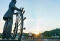 Bronze statue in Glascock`s Landing looking over Mississippi River commemorates Mark Twain`s training as steamboat pilot.Hanniba Royalty Free Stock Photo