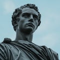 Bronze statue of a historical figure against a clear sky