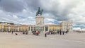 Bronze statue of King Jose I and triumphal arch at Rua Augusta at Commerce square timelapse hyperlapse in Lisbon Royalty Free Stock Photo