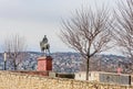 Bronze statue of mounted military leader Artur Gorgey in Buda Castle Hill, with panoramic view of the city of Budapestn the