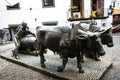 Bronze Statue of Oxen and their Driver pulling goods on wooden runners. The statue is in Funchal Madeira near the Market Hall Royalty Free Stock Photo