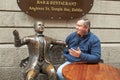 Bronze statues of Oliver Saint John Gogarty and James Joyce outside the pub of the same name in Temple Bar Dublin, Ireland with to