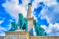 The bronze statues of the Magyar leaders, mounted on the base of the column of Heroes` Square, Budapest, hungary