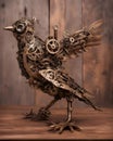 Bronze Steampunk Bird on Wooden Table