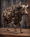 Bronze Steampunk Bull on Wooden Table