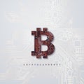 Bronze textured bitcoin sign and circuit board background.