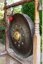 Bronze Thai Gong on wooden Pedestal Stand .Old Gong In Thai Temple