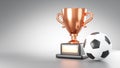 Bronze trophy cup and soccer ball or football on gray background with copy space . 3D rendering