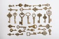 Bronze vintage ornate keys on white background