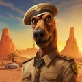 Bronzepunk Dog: A Stylized Portraiture Of A Uniformed Canine In A Desert