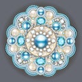 Brooch jewelry, design element. Tribal ethnic pattern mandala round with precious stones. Geometric vintage ornamental