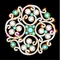 Brooch jewelry, design element. Tribal ethnic pattern with precious stones. Geometric vintage ornamental background