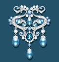 brooch with pearls and precious stones. Filigree v