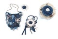 Brooch, pendant and handmade necklace made of denim fabric on a white background