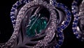 Brooch in with stones on a black rotating stand. Video. Close up of jewelry made of white gold, diamonds and emeralds on Royalty Free Stock Photo