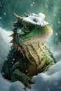 Brooding dragon in white snow - symbol for New Year, Generative AI